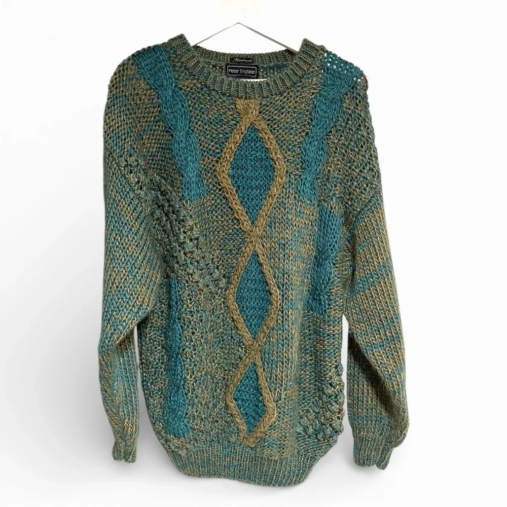 Peter England Vintage Cable Knit Sweater‎ Teal Tan Textured Diamond Medium
